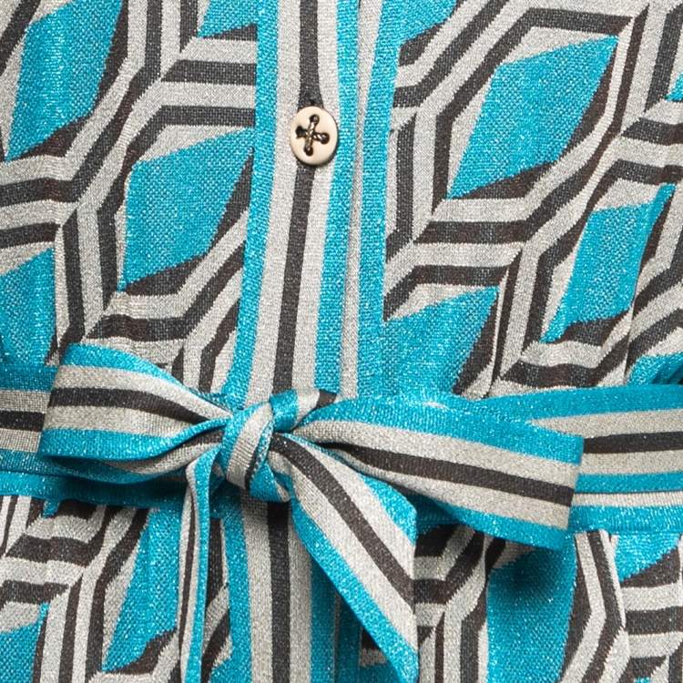 Pre Owned Gucci Blue Geometric Patterned Lurex Knit Belted Maxi Dress XL