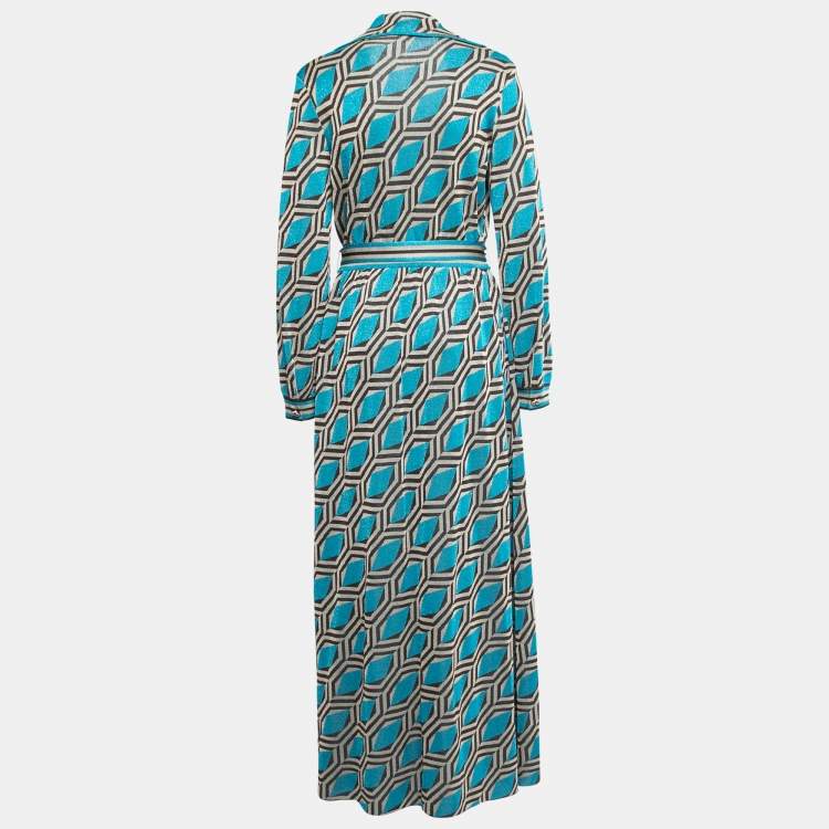 Pre Owned Gucci Blue Geometric Patterned Lurex Knit Belted Maxi Dress XL