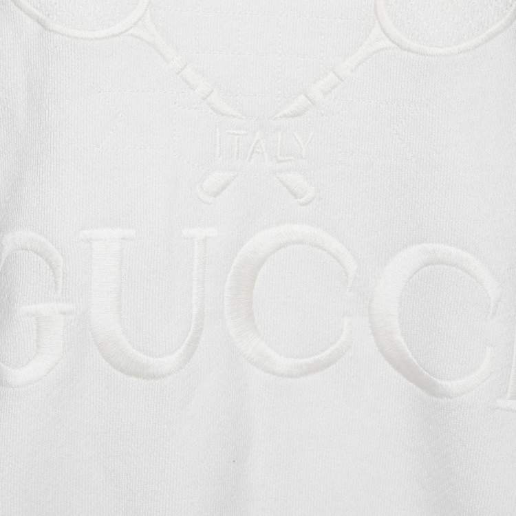 Pre Owned Gucci White Tennis Embroidered Cotton Knit Round Neck Sweatshirt M
