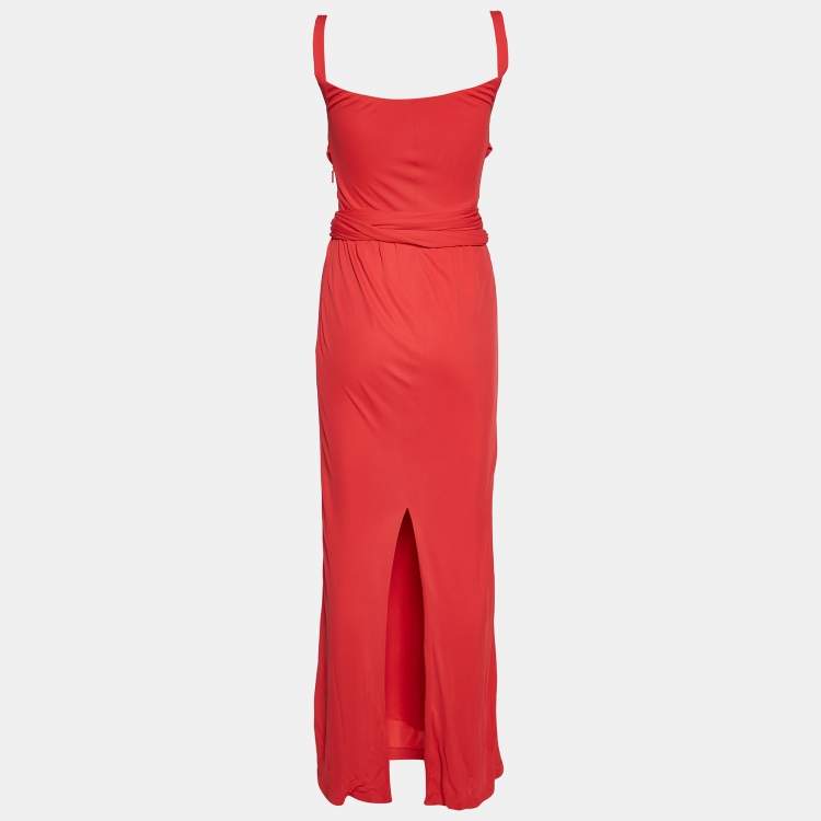 Pre Owned Gucci Red Jersey Cross Over Buckle Detail Sleeveless Gown S