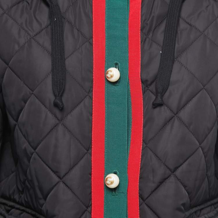 Pre Owned Gucci Black Quilted Nylon Wed Detail Button Front Hooded Jacket M