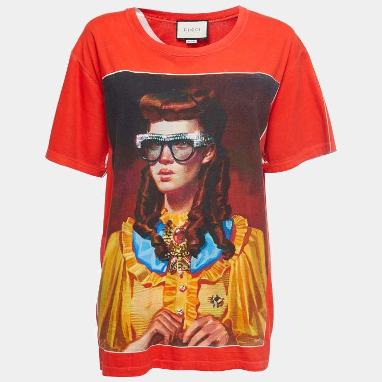 Pre Owned Gucci Orange Printed Cotton Crew Neck Half Sleeve T-Shirt M