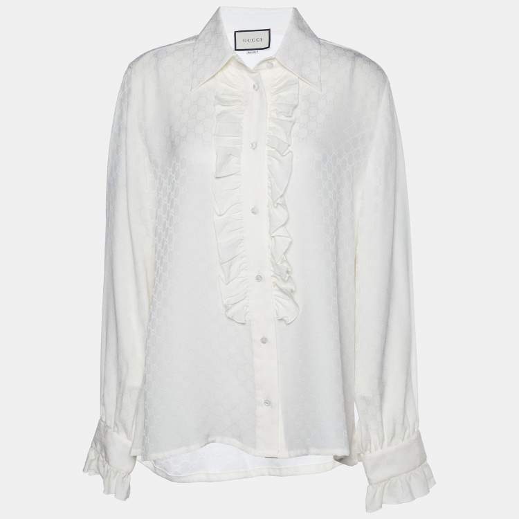 Pre Owned Gucci White Logo Jacquard Silk Ruffle Detail Shirt L