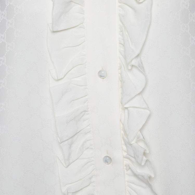 Pre Owned Gucci White Logo Jacquard Silk Ruffle Detail Shirt L