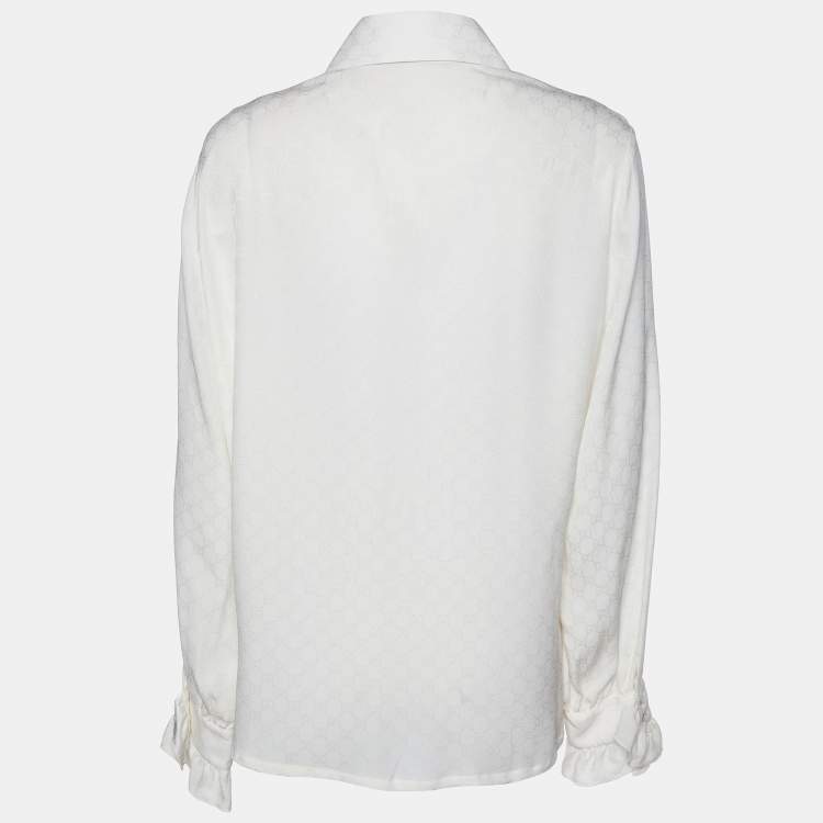 Pre Owned Gucci White Logo Jacquard Silk Ruffle Detail Shirt L