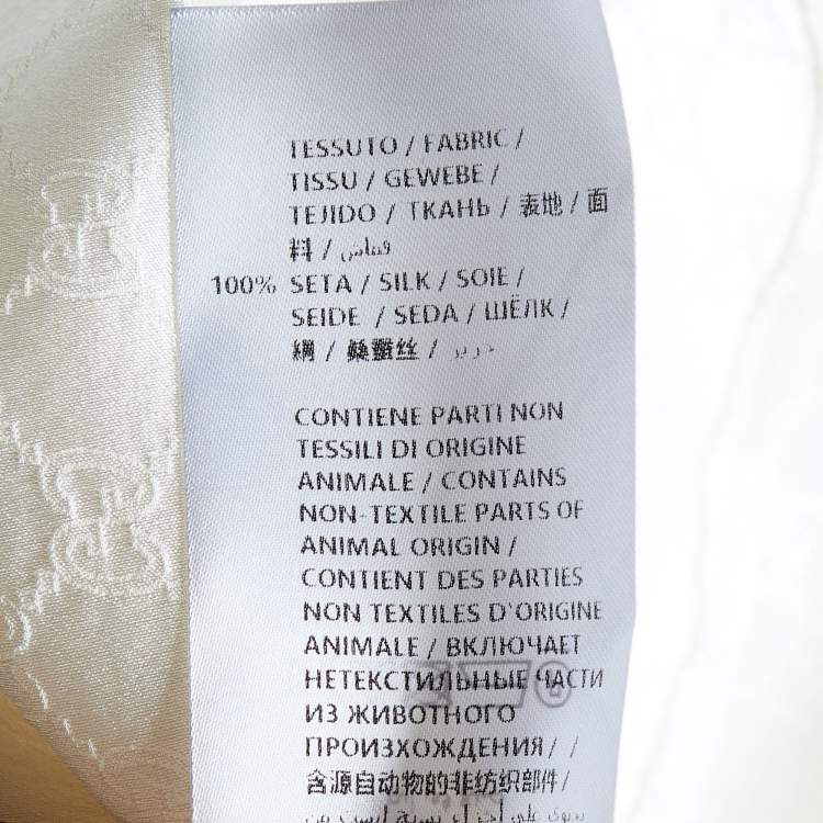 Pre Owned Gucci White Logo Jacquard Silk Ruffle Detail Shirt L