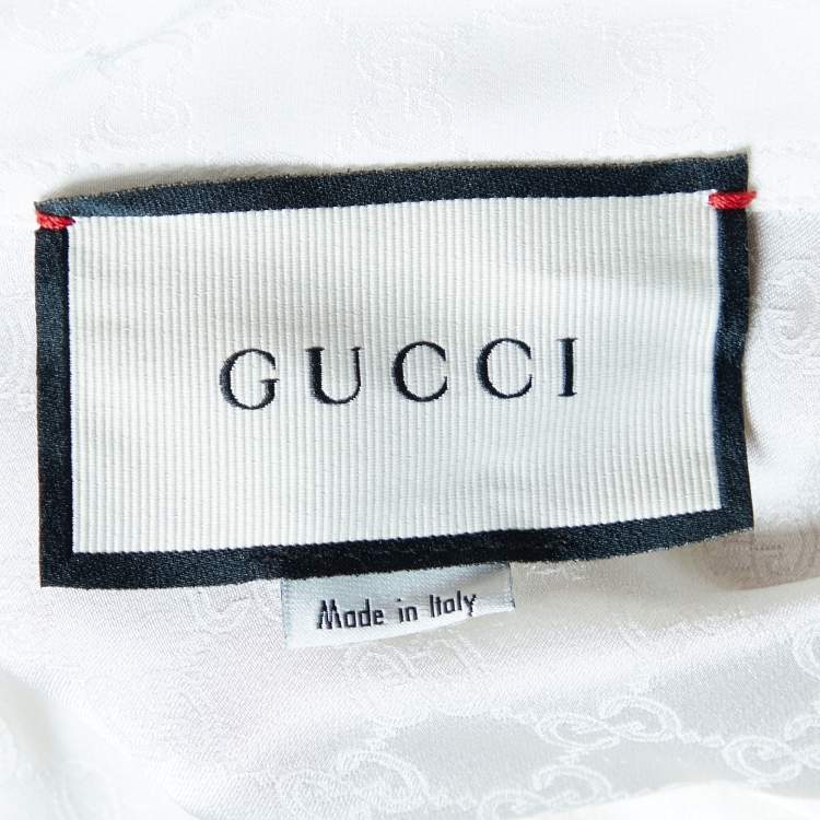 Pre Owned Gucci White Logo Jacquard Silk Ruffle Detail Shirt L