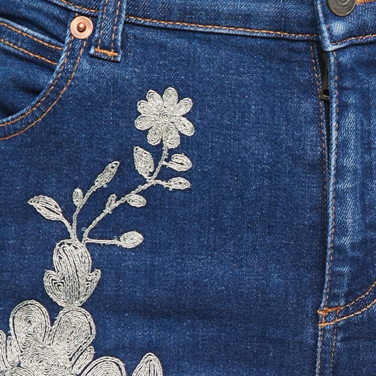 Pre Owned Gucci Blue Floral Embroidered Denim Skinny Jeans M Waist 28"