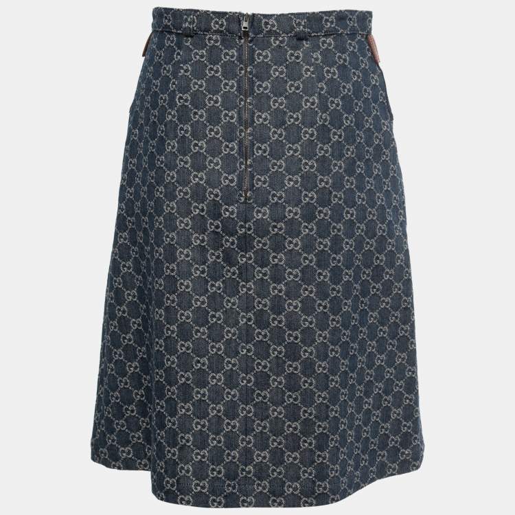 Pre Owned Gucci Dark Blue Guccisima Denim Pleated Knee Length Skirt S