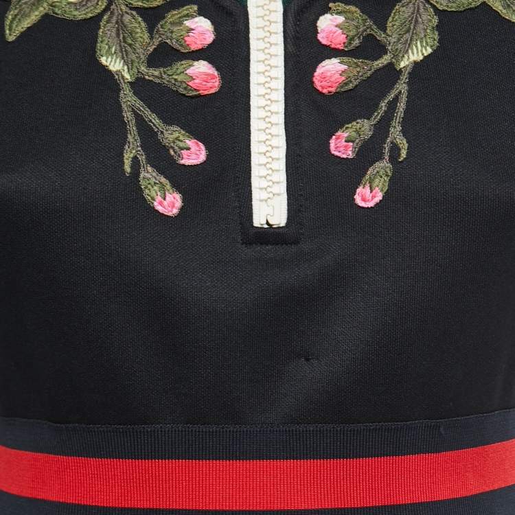 Pre Owned Gucci Black Technical Jersey Floral Embroidered Turtle Neck Dress S