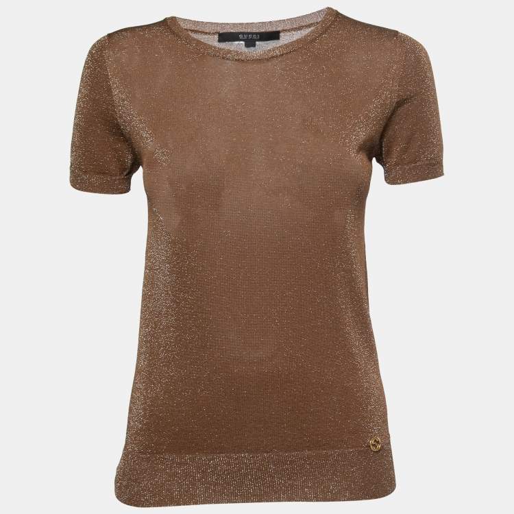 مملوكة مسبقًا Gucci Brown Lurex Knit Crew Neck Short Sleeve Top S