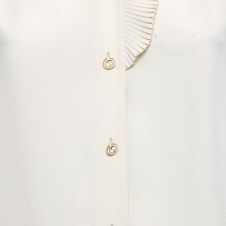 Pre Owned Gucci Cream Silk Pleat Detail Button Front Long Sleeve Blouse M