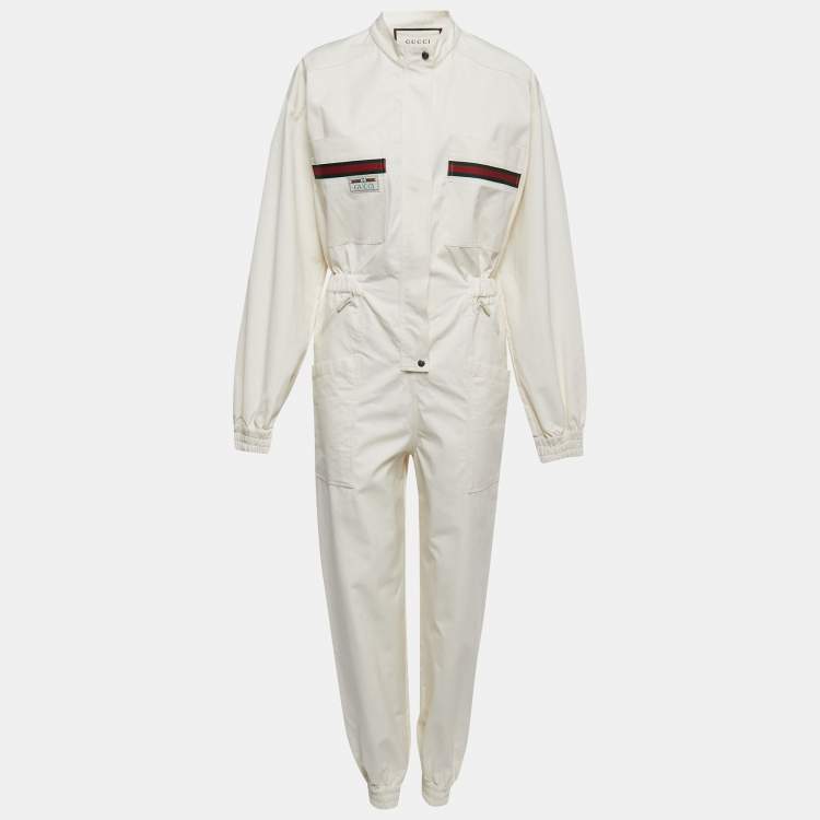 Pre Owned Gucci Cream Cotton Web Stripe Detail Full Sleeve Zip Front Jumpsuit M