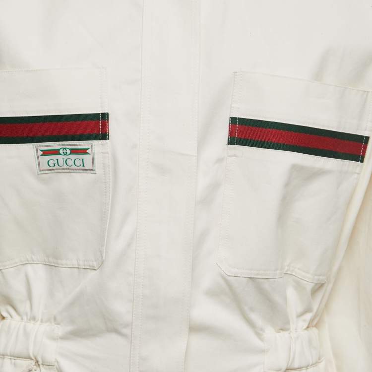 Pre Owned Gucci Cream Cotton Web Stripe Detail Full Sleeve Zip Front Jumpsuit M