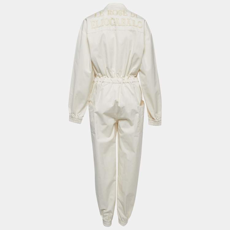 Pre Owned Gucci Cream Cotton Web Stripe Detail Full Sleeve Zip Front Jumpsuit M