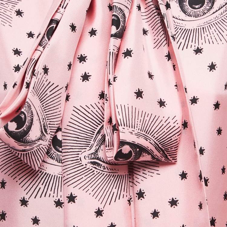مملوكة مسبقًا Gucci Pink Eye Printed Silk Tie Neck Shirt S