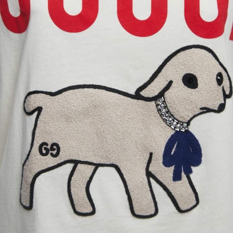 Pre Owned Gucci Cream Lamb Embroidered Logo T-Shirt S