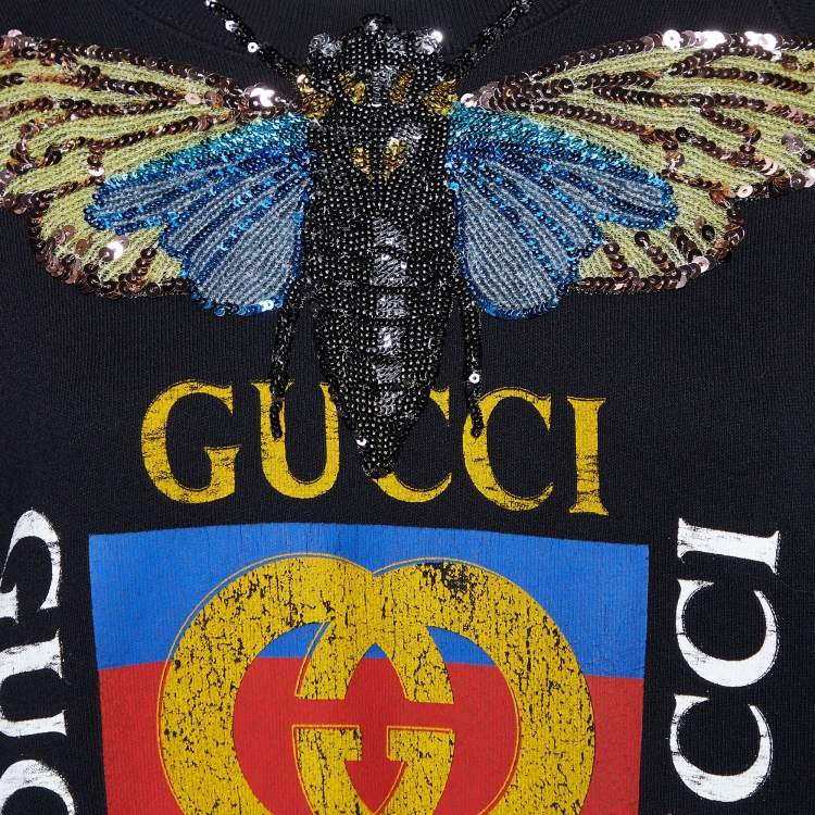 Pre Owned Gucci Black Sequined Butterfly Cotton Knit Oversized Sweatshirt M