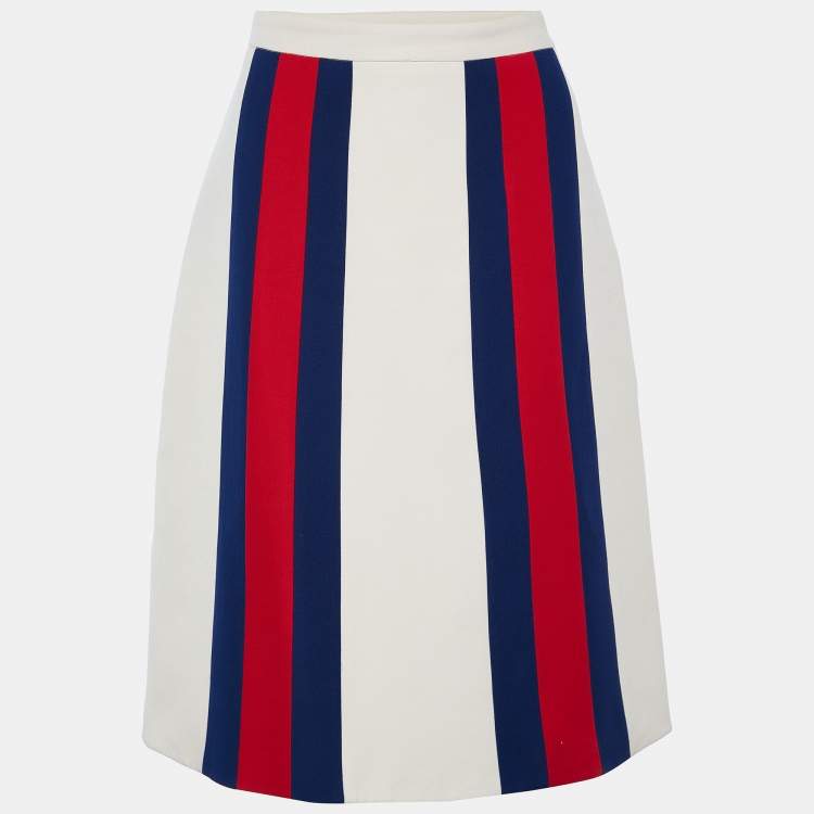 Pre Owned Gucci Cream Wool & Silk Striped Detail Knee Length Skirt M
