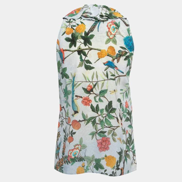 Pre Owned Gucci Multicolor Floral Silk Ruffled Sleeveless Top M