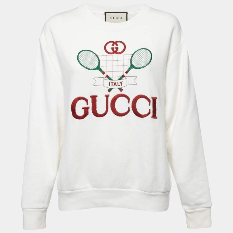 Pre Owned Gucci Off-White Cotton Tennis Embroidered Crew Neck Sweatshirt XXS