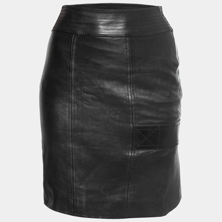 Pre Owned Gucci Black Leather Midi Skirt M