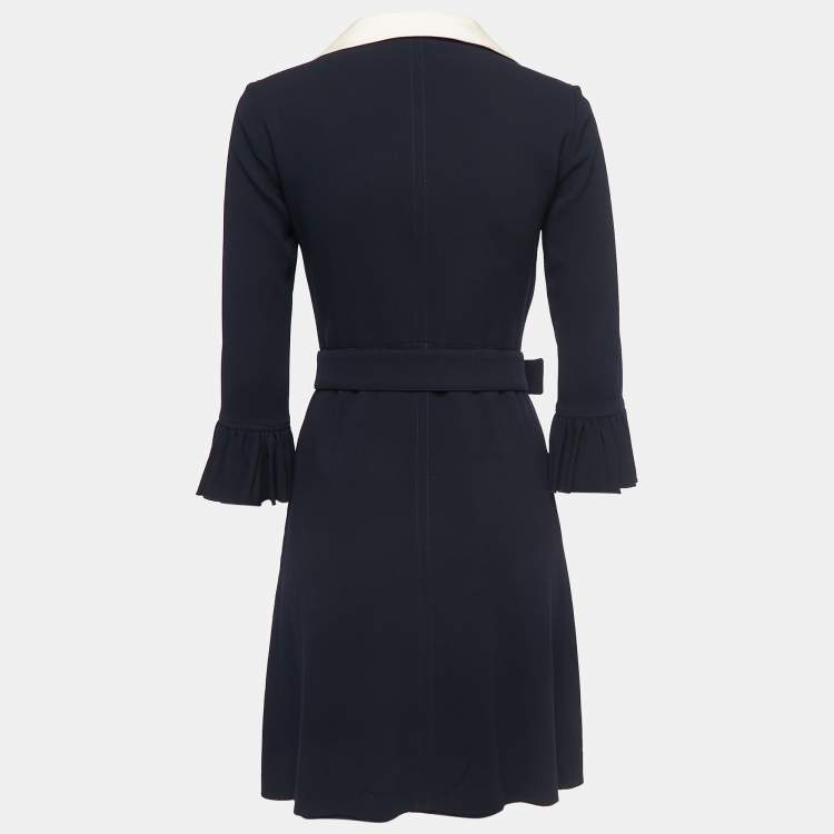 Pre Owned Gucci Navy Blue Wool Crepe Ruffled Belted Dress S