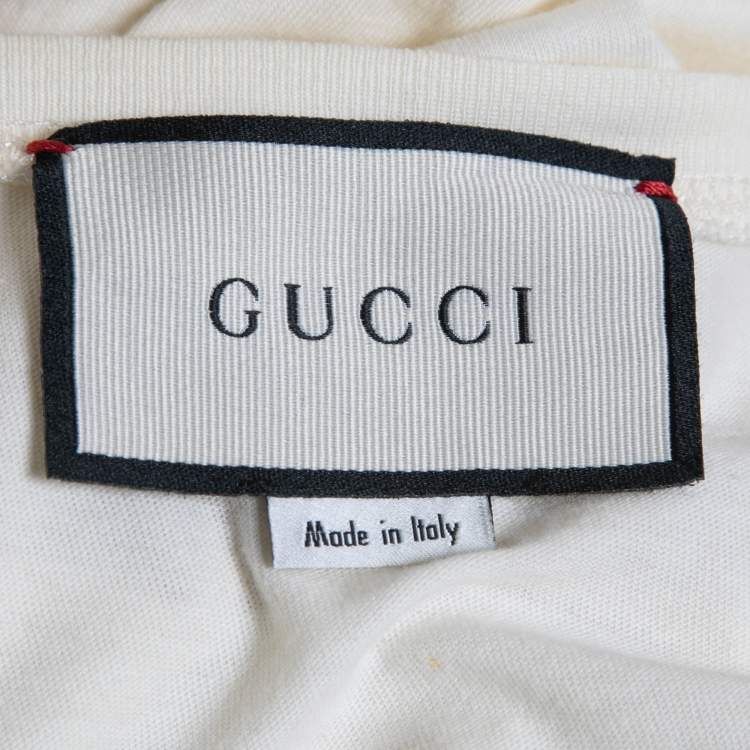 Pre Owned Gucci Cream Sequined Logo Cotton Crew Neck T-Shirt M
