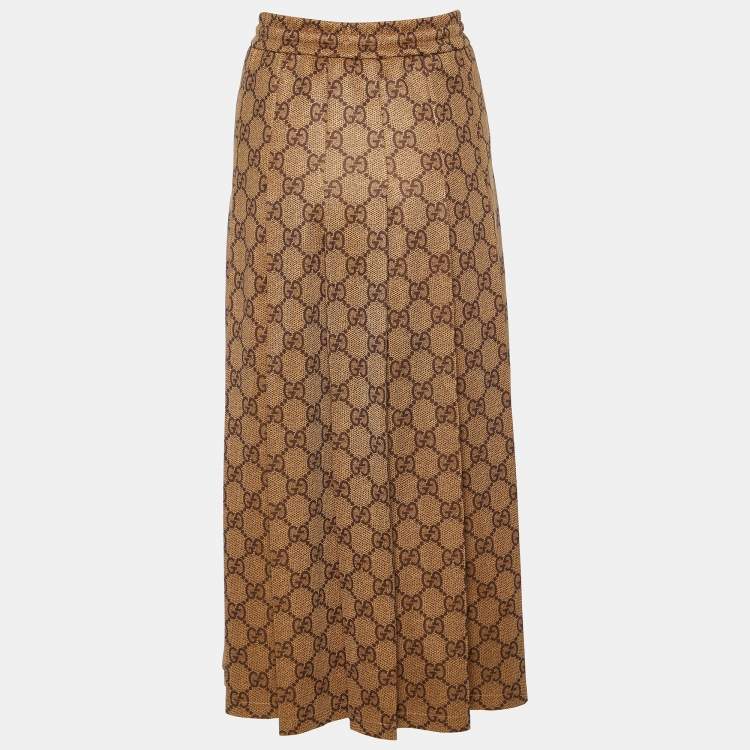Pre Owned Gucci Brown Monogram Printed Jersey Knit Pleated Midi Skirt M