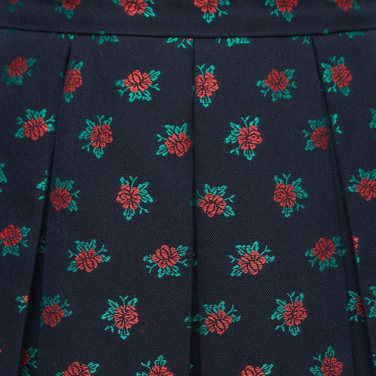 Pre Owned Gucci Navy Blue Floral Jacquard Cotton Pleated Skirt M