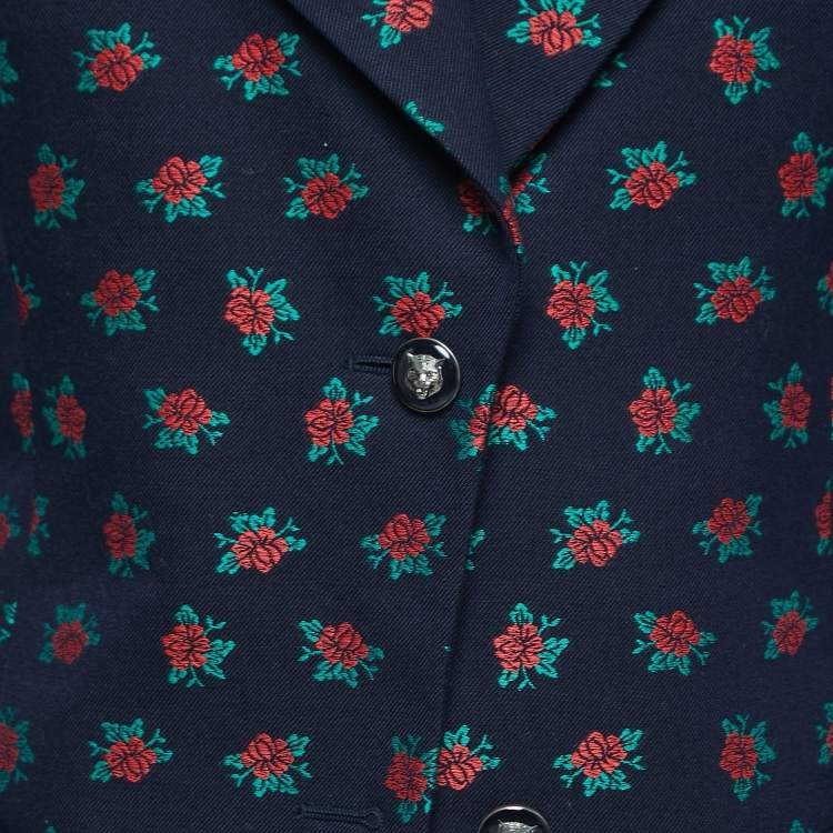 Pre Owned Gucci Navy Blue Floral Jacquard Cotton Single-Breasted Blazer M