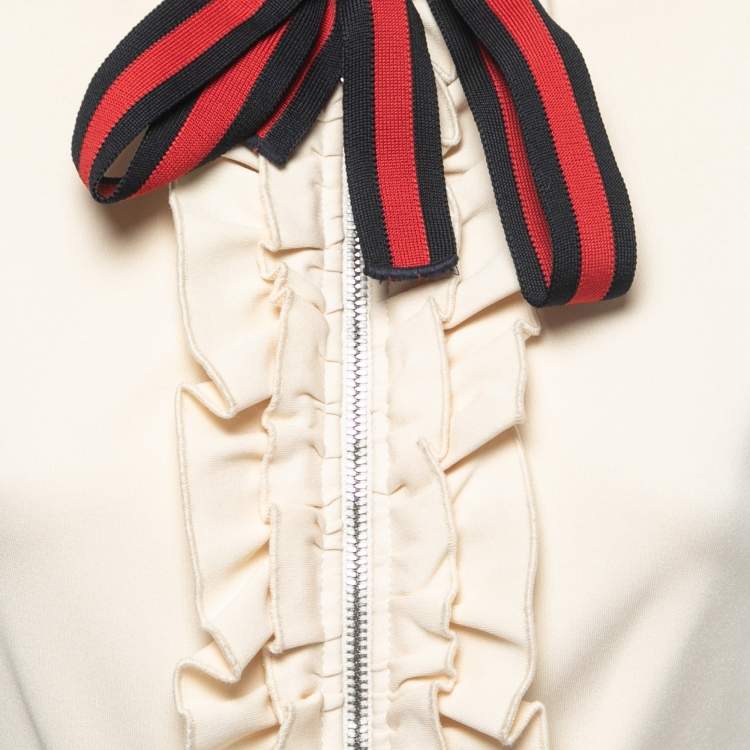 Pre Owned Gucci Cream Technical Jersey Web Trim Detail Ruffled Midi Dress M