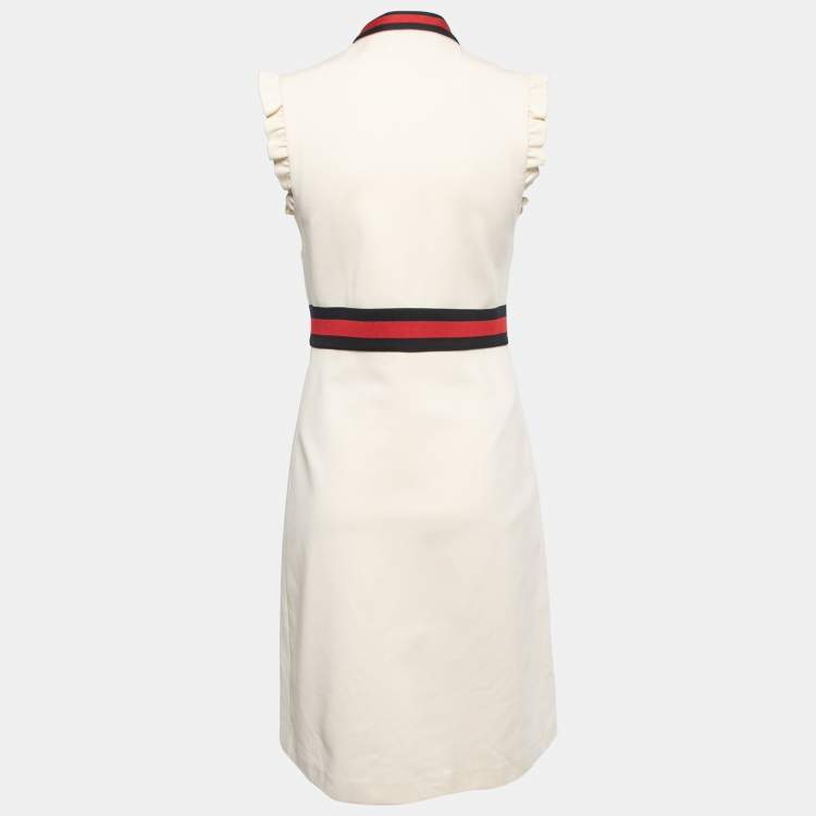 Pre Owned Gucci Cream Technical Jersey Web Trim Detail Ruffled Midi Dress M