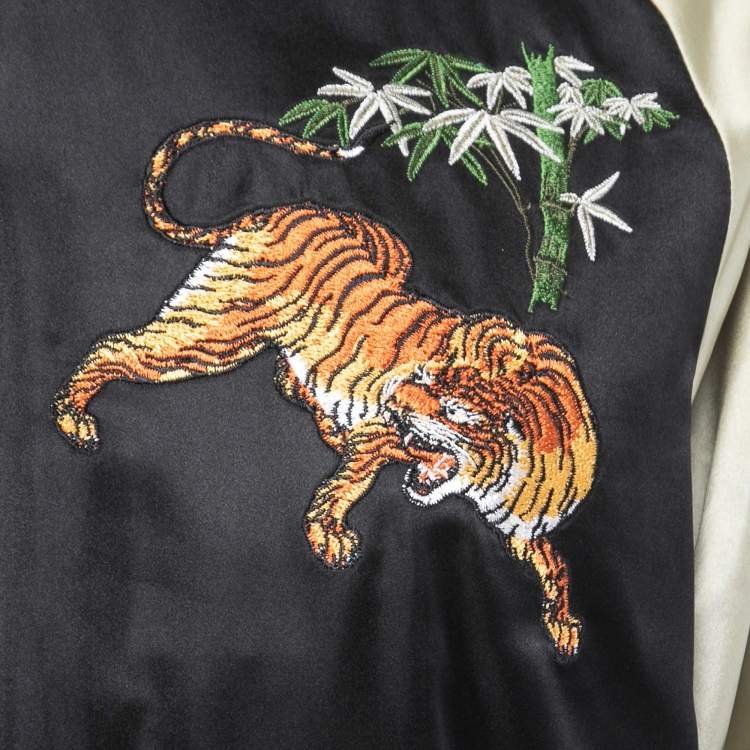 Pre Owned Gucci Black Tiger Embroidered Satin Reversible Bomber Jacket L