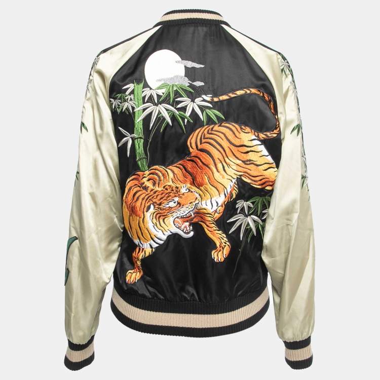 Pre Owned Gucci Black Tiger Embroidered Satin Reversible Bomber Jacket L