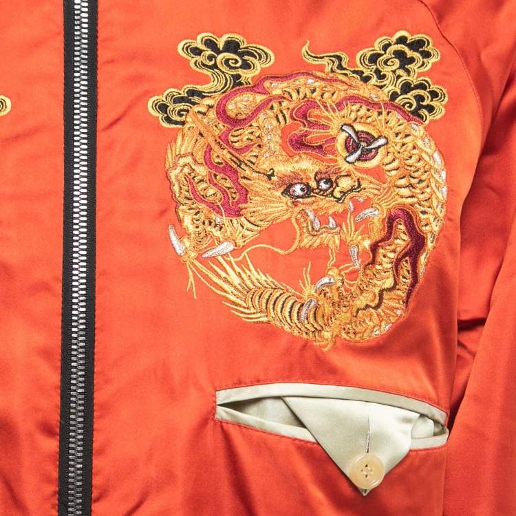Pre Owned Gucci Black Tiger Embroidered Satin Reversible Bomber Jacket L
