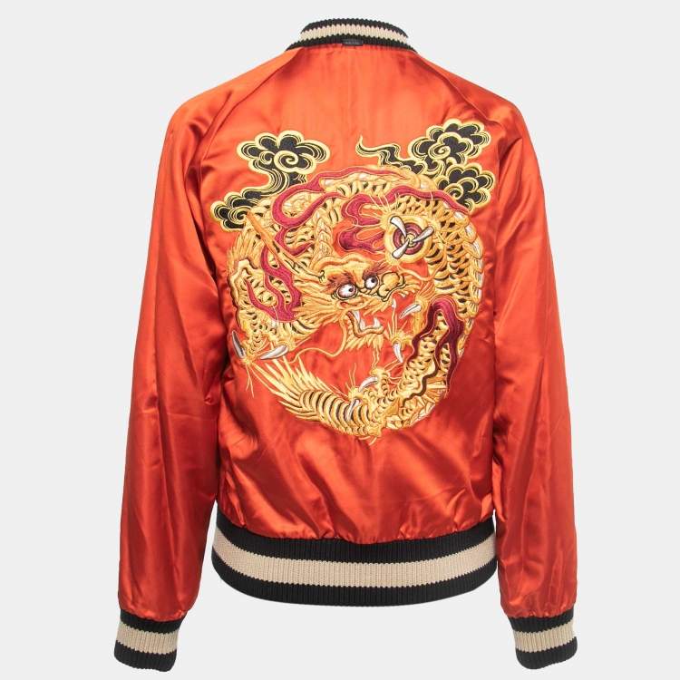 Pre Owned Gucci Black Tiger Embroidered Satin Reversible Bomber Jacket L