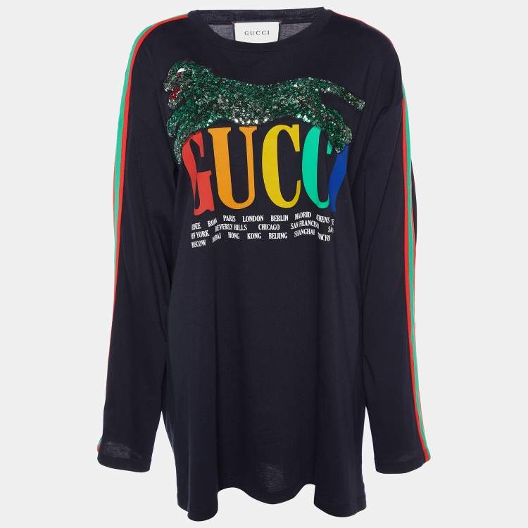 مملوكة مسبقًا Gucci Black Logo Printed Knit Sequin Embellished Tiger Detail Long Sleeve T-Shirt XL