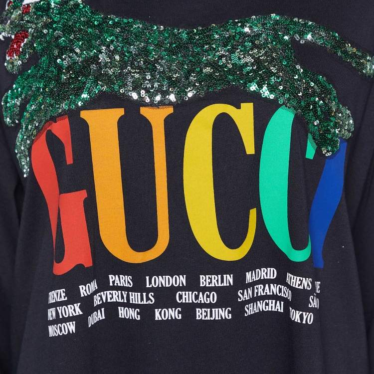 مملوكة مسبقًا Gucci Black Logo Printed Knit Sequin Embellished Tiger Detail Long Sleeve T-Shirt XL