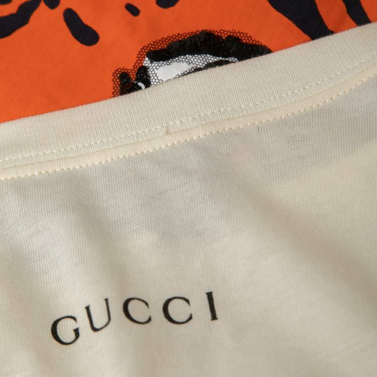 Pre Owned Gucci Cream Cotton Tiger Printed Elisir of Love T-Shirt XS