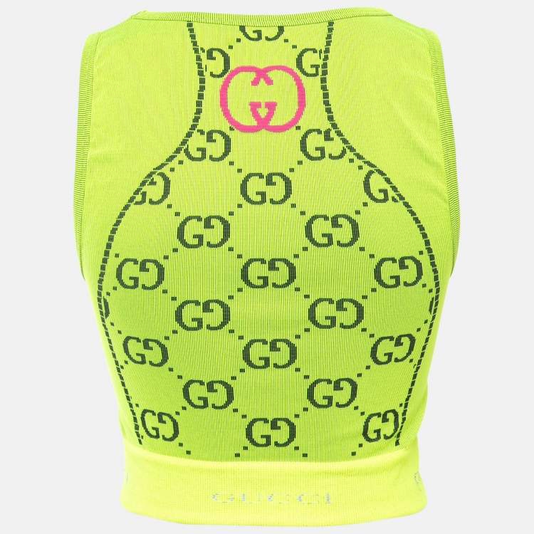 Gucci Neon Green GG Patterned Stretch Knit Sleeveless Crop Top S