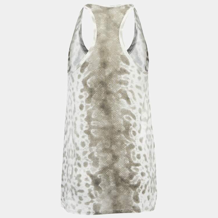 Pre Owned Gucci White Snake Print Satin Silk & Knit Tank Top M