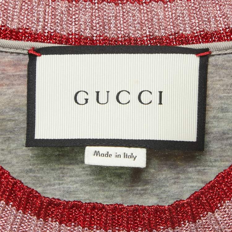 Pre Owned Gucci Blue Rose & Bees Print Cotton Lurex Trimmed Crew Neck Sweater XS