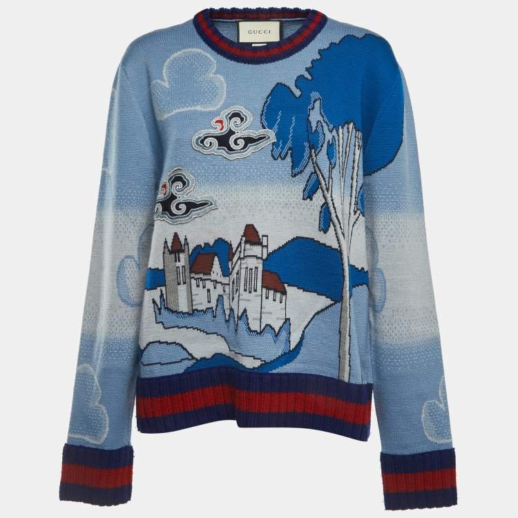 مملوكة مسبقًا Gucci Blue Castle Patterned Wool Embroidered Patch Crew Neck Sweater XL