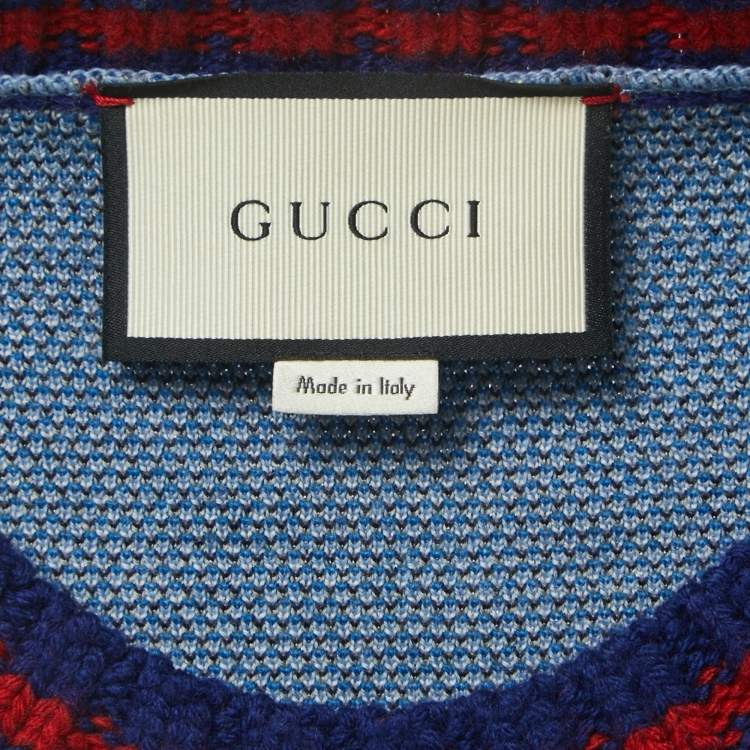 مملوكة مسبقًا Gucci Blue Castle Patterned Wool Embroidered Patch Crew Neck Sweater XL