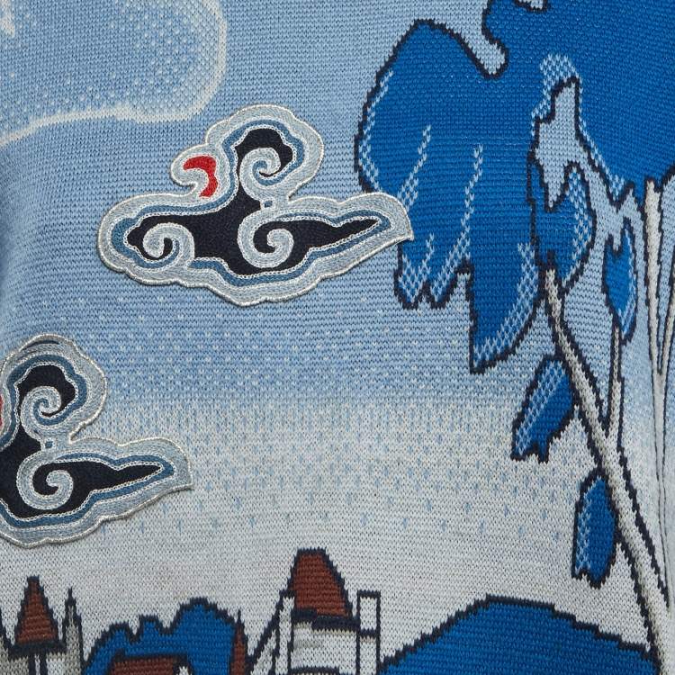 مملوكة مسبقًا Gucci Blue Castle Patterned Wool Embroidered Patch Crew Neck Sweater XL