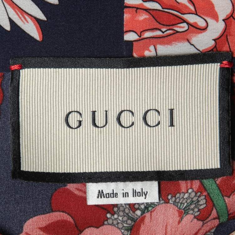 مملوكة مسبقًا Gucci Navy Blue Floral Printed Silk Tie-Neck Blouse M