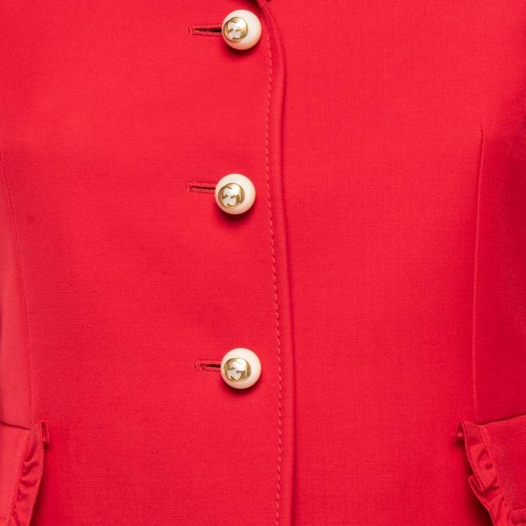 Pre Owned Gucci Red Wool & Silk Ruffle Detail Single Breasted Blazer S