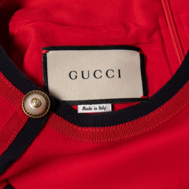 Pre Owned Gucci Red Wool Blend Web Trimmed Midi Dress M
