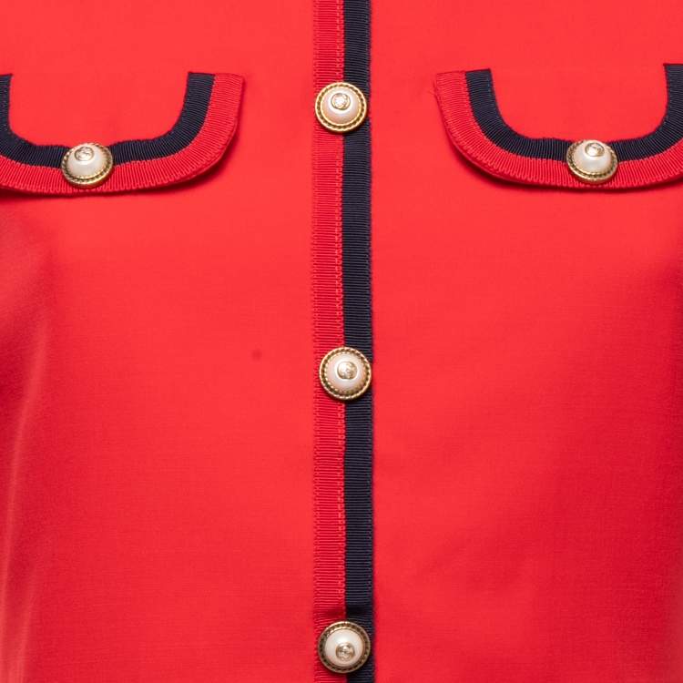 Pre Owned Gucci Red Wool Blend Web Trimmed Midi Dress M